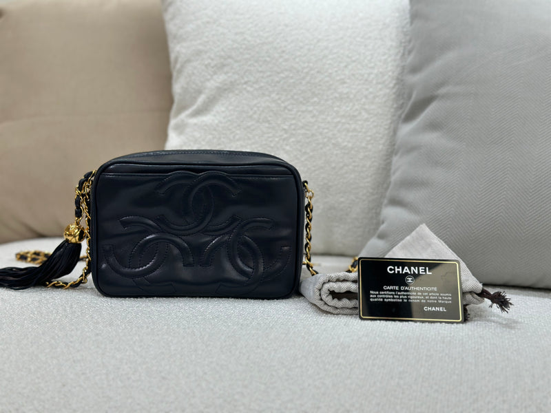 Vintage Chanel Mini Camera Bag Navy Blue Lambskin with Tassel and 24k Gold Hardware