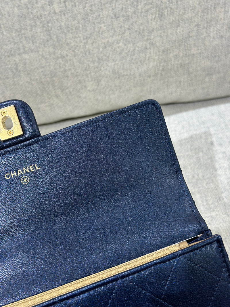 Chanel Long WOC Pearl Iridescent Blue Calfskin with Aged Gold Hardware