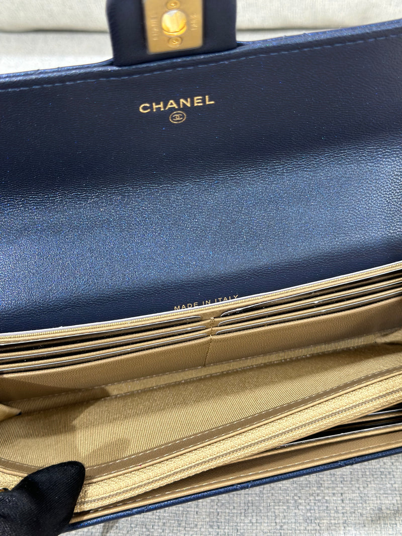 Chanel Long WOC Pearl Iridescent Blue Calfskin with Aged Gold Hardware