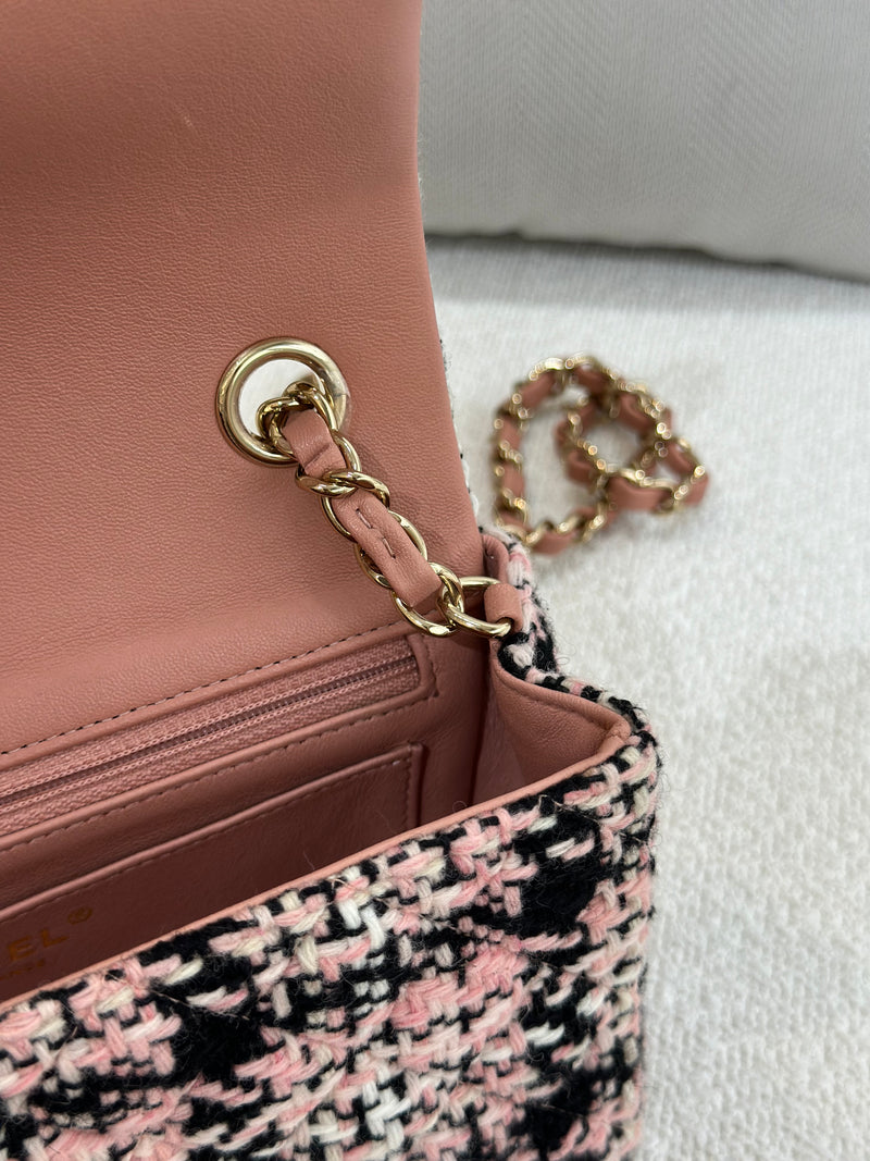 Chanel Mini Rectangular 21B Pink Tweed Light Gold Hardware
