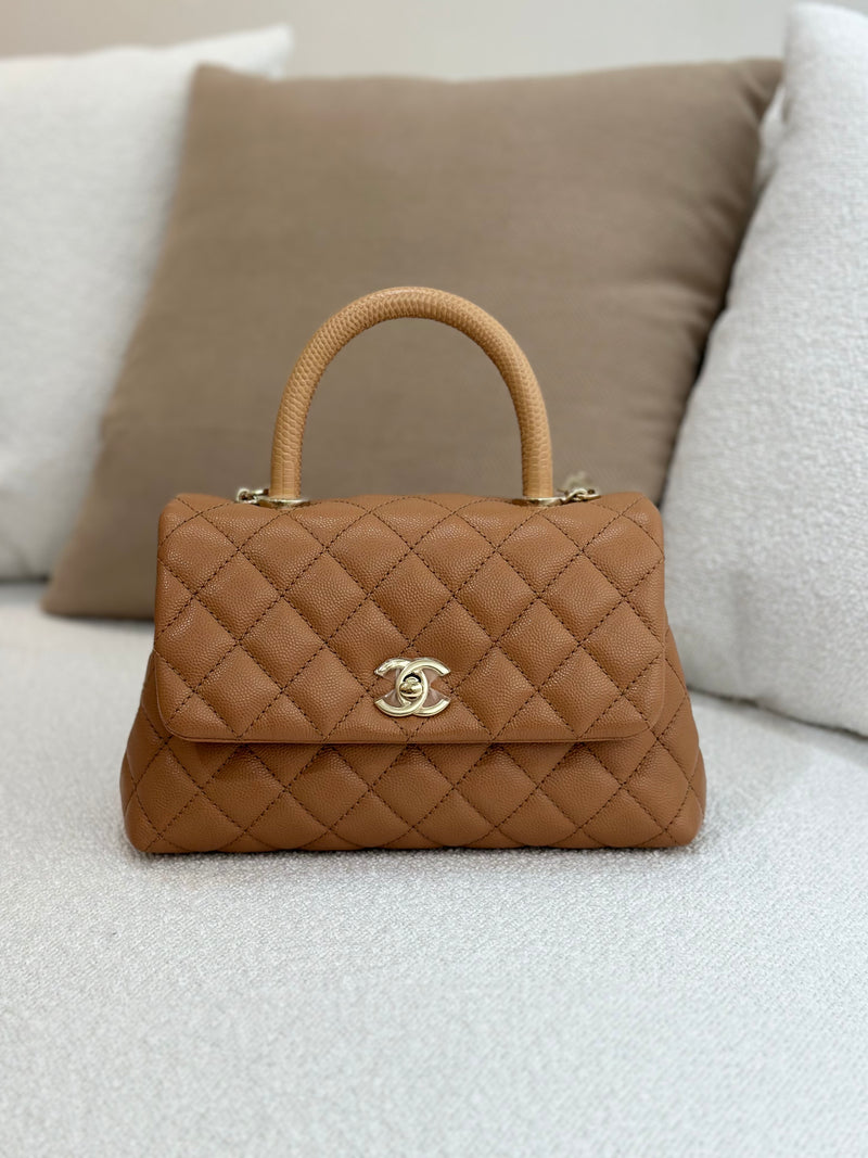 Chanel Small Coco Handle 21P Caramel Caviar Light Gold Hardware