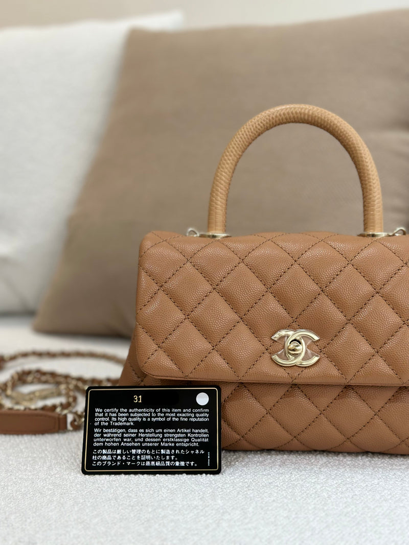 Chanel Small Coco Handle 21P Caramel Caviar Light Gold Hardware