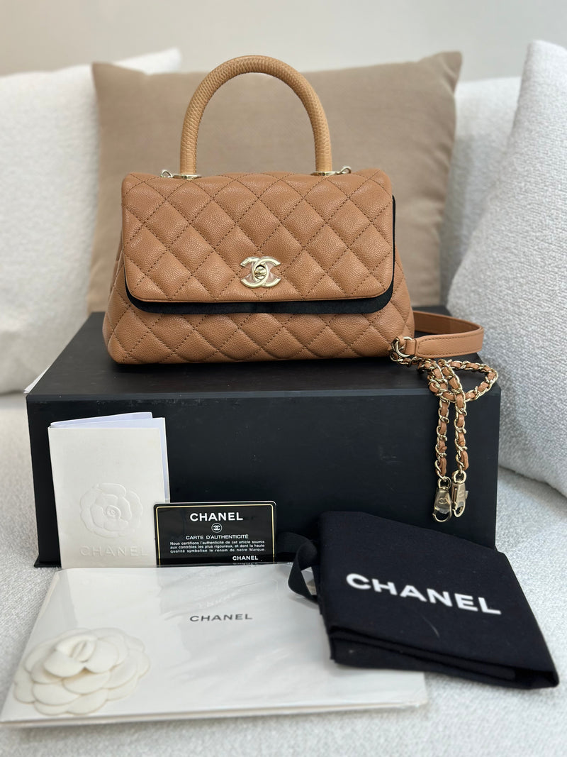 Chanel Small Coco Handle 21P Caramel Caviar Light Gold Hardware