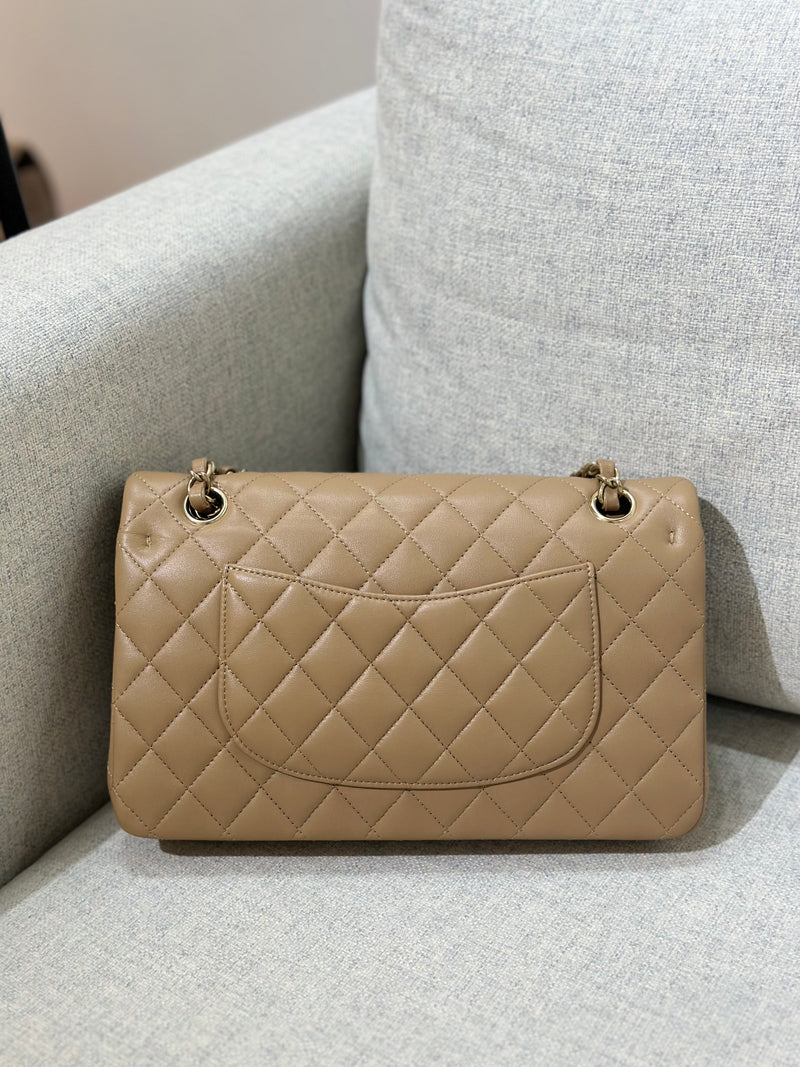 Chanel Medium Classic Double Flap Bag in Dark Beige Lambskin | Dearluxe