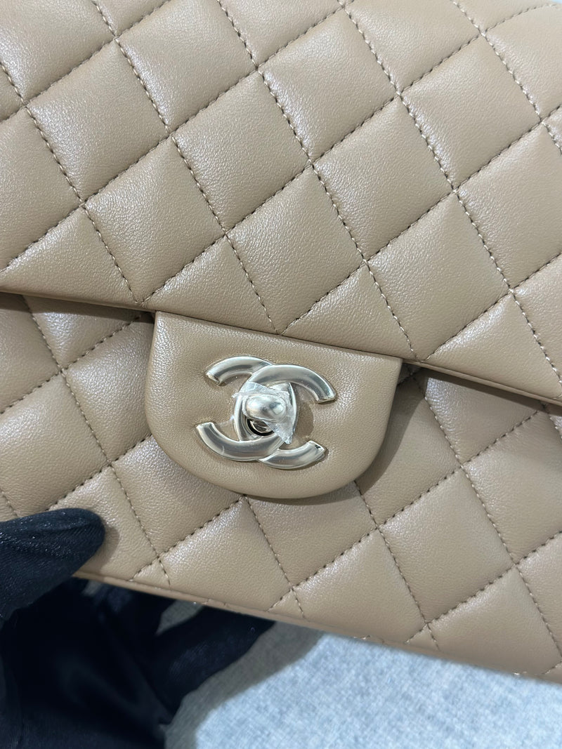 Chanel Medium Classic Flap 22B Taupe Beige Lambskin Light Gold