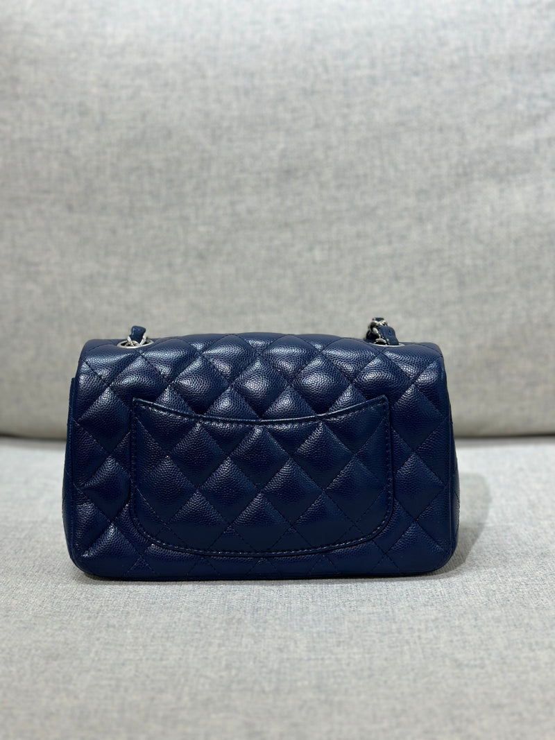 Chanel Mini Rectangular Flap 17B Navy Caviar Silver Hardware