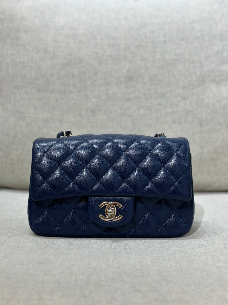 Chanel Mini Rectangular Flap 17B Navy Caviar Silver Hardware