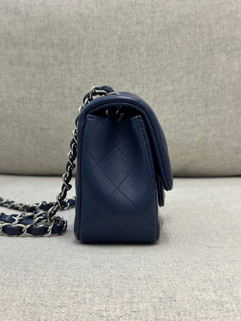 Chanel Mini Rectangular Flap 17B Navy Caviar Silver Hardware