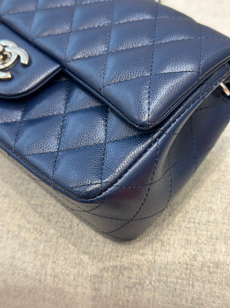 Chanel Mini Rectangular Flap 17B Navy Caviar Silver Hardware