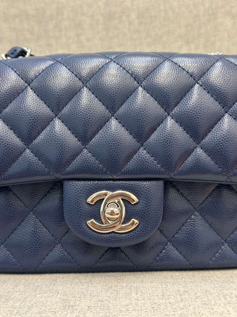 Chanel Mini Rectangular Flap 17B Navy Caviar Silver Hardware