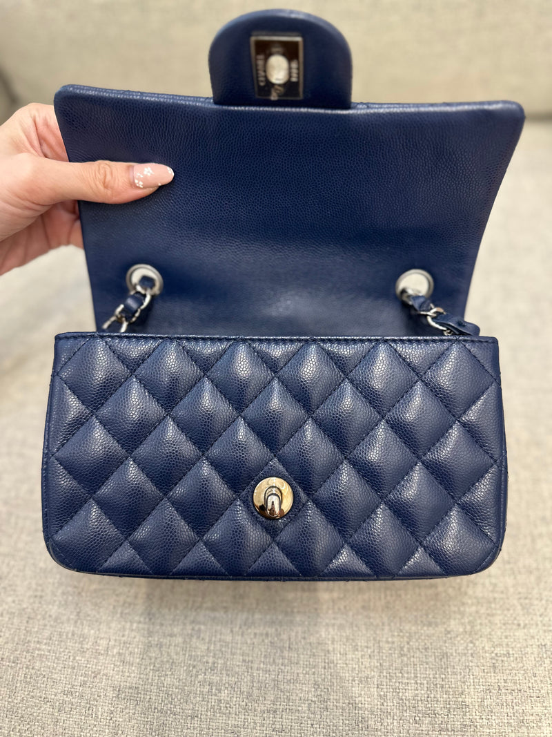 Chanel Mini Rectangular Flap 17B Navy Caviar Silver Hardware