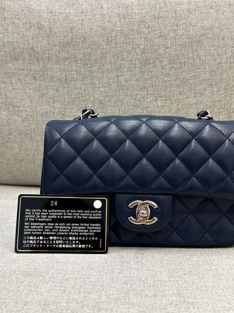 Chanel Mini Rectangular Flap 17B Navy Caviar Silver Hardware