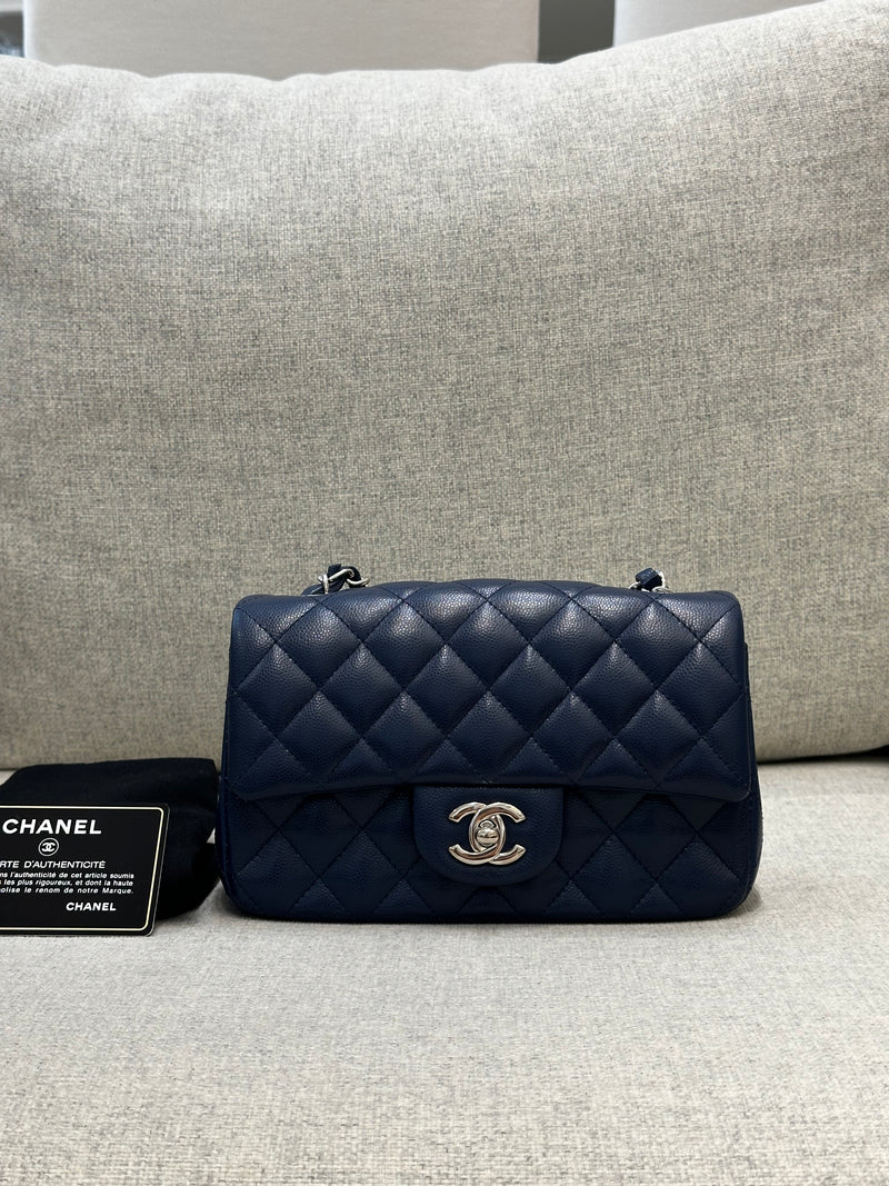 Chanel Mini Rectangular Flap 17B Navy Caviar Silver Hardware