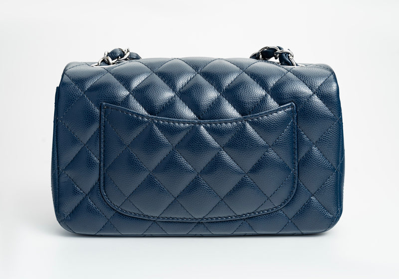 Chanel Mini Rectangular Flap 17B Navy Caviar Silver Hardware